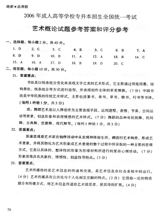 2006年成人高考专升本艺术概论试题及答案